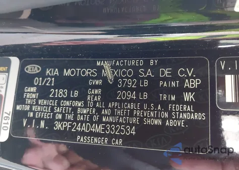 2021 Kia Forte Lxs z USA, uszkodzony, nr VIN 3KPF24AD4ME332534